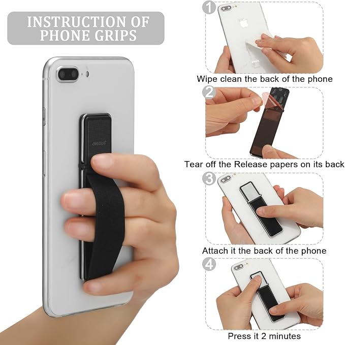 4 Pieces Phone Grip Strap Telescopic Phone Kickstand Elastic Finger Holer Hand Strap Adhesive Loop for Phone Grip with Stand Compatible with Most Smartphones (Black, Silver, Green)