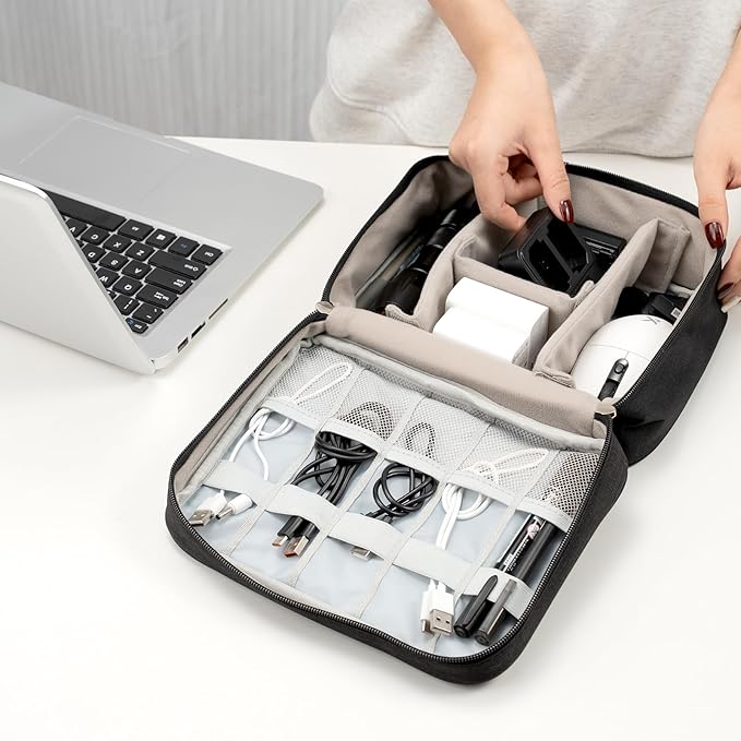 Cable Organizer bag for women or men,Electronic Accessories Carry Case Portable Waterproof Double Layers All-in-One Storage Bag for Cord, Charger, Phone, Earphone (Black)