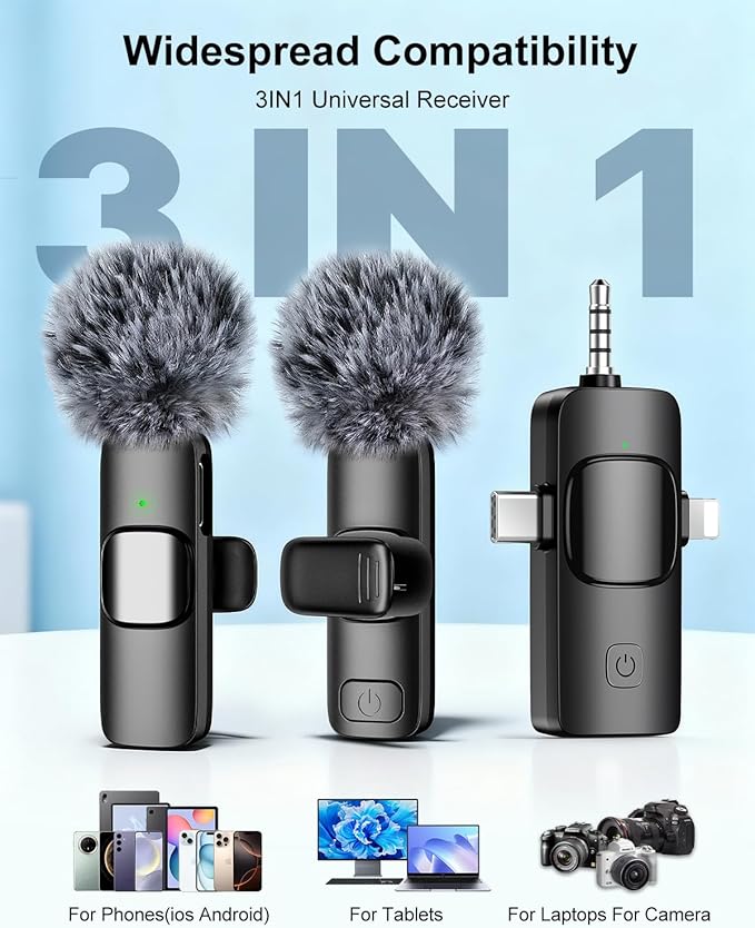 PoP voice 3 in 1 Professional Wireless Lavalier Microphone for iPhone, Android, Camera,Mini Microphone, Lapel Mic with Noise Reduction, Crystal Clear Sound for Recording, YouTube, Podcast, Vlogging