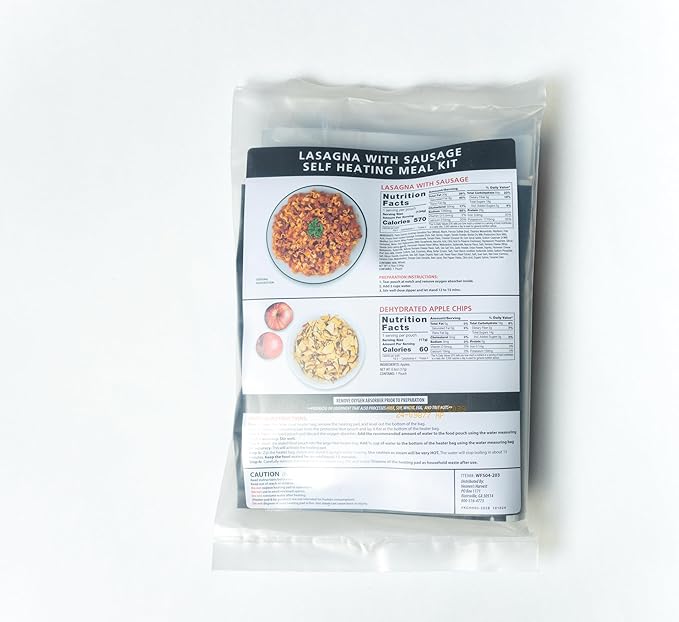 Heaven's Harvest Self-Heating Emergency Meal Kit (10 Year Shelf Life) — Tastier than MRE Meals & Ready-To-Eat in Minutes! Just add water to activate the “cooking” process. (Lasagna w/Sausage) (Single)