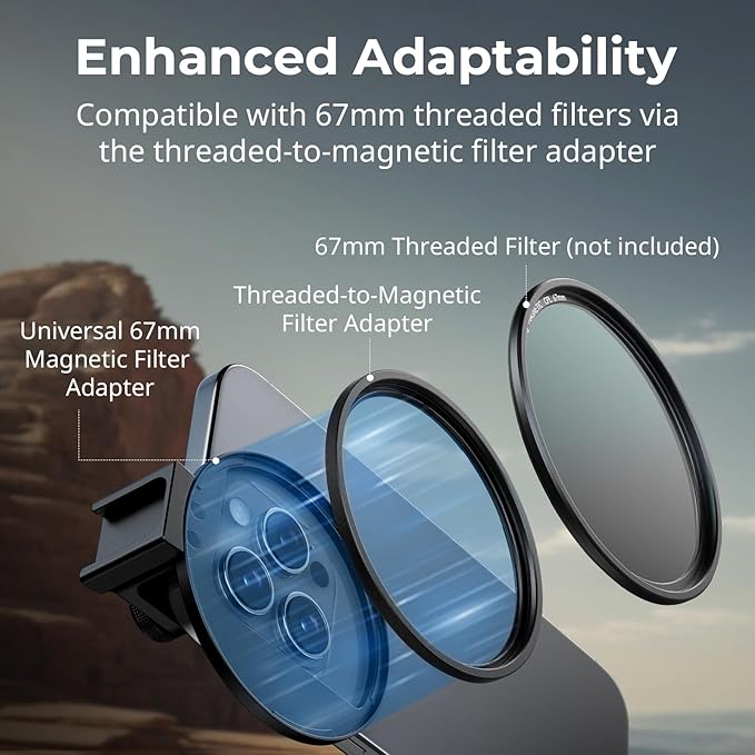 SMALLRIG Universal 67mm Magnetic Filter Adapter for Smartphones, for iPhone 16 / S24 Ultra/for Vivo X100 & 67mm Filters, with Cold Shoe Mount/Threaded Adapter, Anti-Scratch Filter Clamp - 5171