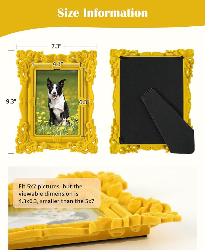 5x7 Yellow Picture Frame for Art Prints Posters, Small Colorful Decorative Frame with Real Glass/Stand, Ornate Memorial Frame Gift for Wedding Baby Shower Retirement (Yellow)