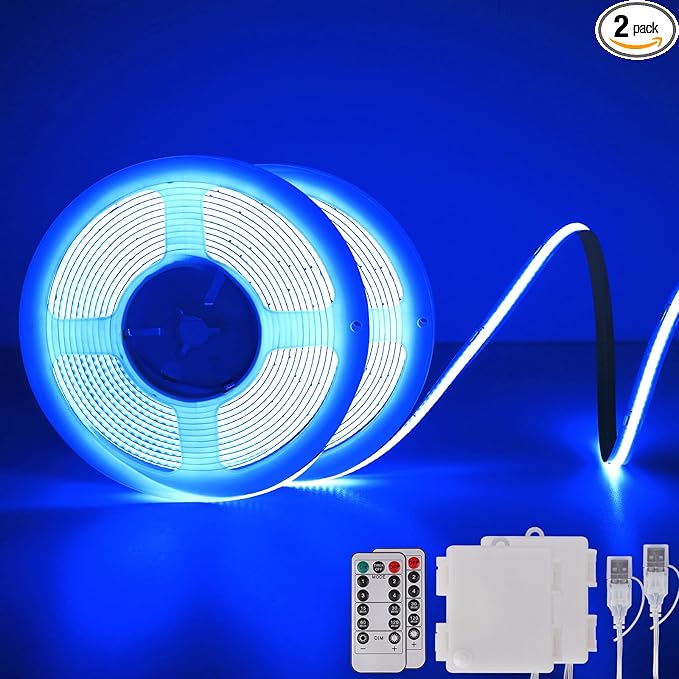 Blue COB LED Strip Lights Battery Powered with Remote, 6.56FT 640LED Light Strip Dimmable Cuttable Flexible Wireless LED Tape Light for DIY Display, Back Light Design, Kitchen, Boat, Car Decoration