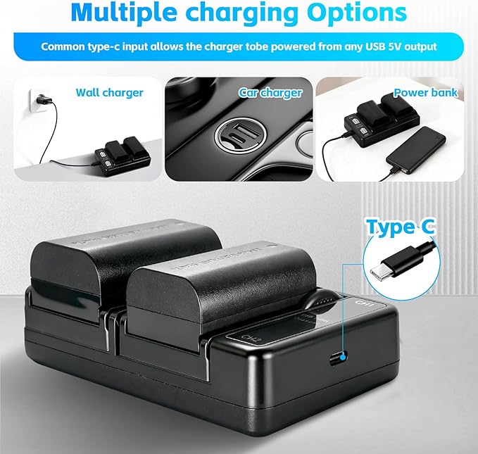 LP-E6 LP-E6N Battery(2-Pack) and Dual USB Charger Compatible with Canon EOS 5D Mark II III IV, 5DS, 5DS R, 6D, 6D Mark II, 7D, 7D Mark II, 60D, 70D, 80D, 90D, R, R5, C700, XC10, XC15 Cameras