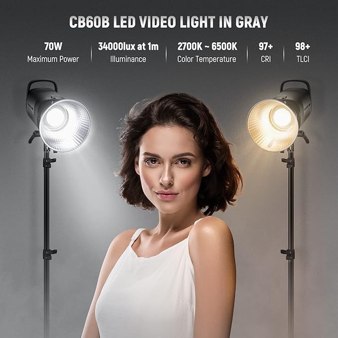 NEEWER CB60B 70W LED Video Light with 2.4G&APP Control, COB Bi Color 2700K-6500K 34000Lux at 1m/CCT CRI97+/12 Scenes/Bowens Mount, Bluetooth, with Reflector, Power Cord, Manual, Studio/Video Recording