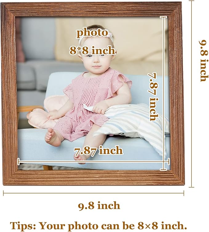 8 x 8 Brown Picture Frame Solid Wood with HD Glass Square Horizontal & Vertical Formats for Wall Mounting or Tabletop Display Gift Family Office Wedding Home Gallery Country Farmhouse Collage Decor