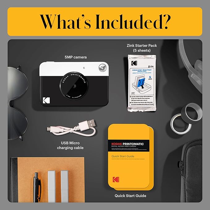 Kodak Printomatic Full-Color Instant Print Digital Camera - 75 Sheets Bundle - Prints On Zink 2x3 Sticky-Back Photo Paper - 5MP, Portable, Creative Fun Gift for Birthday, Christmas, Holiday - Black