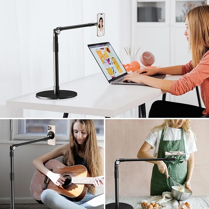 elitehood Magnetic Phone Stand for Overhead Recording, 15 in Long Arm Magsafe iPhone Holder for Video Recording, 360 Swivel Tilt Overhead Phone Mount for Filming, Meeting, Cooking, Painting, Crafting