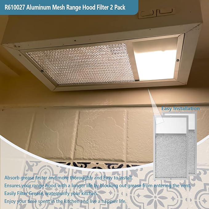 R610027 Range hood Filter with Light Lens Replacement For Broan range hood R610027 SR610027 1568322 1568323 PM25WW PM25BL AL9245 Aluminum Mesh Grease Filter 7-5/8" x 14-1/8" x 3/8" 2 Pack