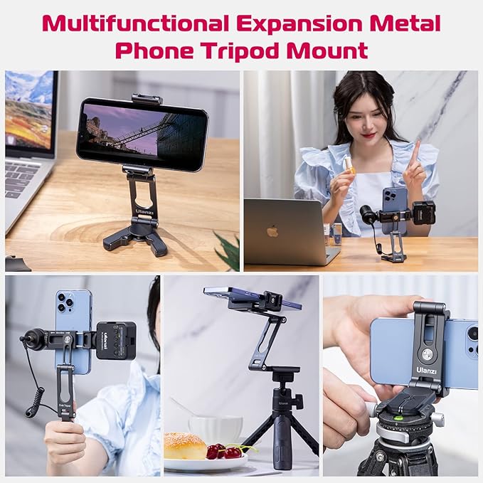 ULANZI Phone Tripod Mount 2 Cold Shoes & Arca Port, HP004 Metal 360° Smartphone Tripod Adapter for iPhone, Cell Phone Vlog Tripods Grip Stand Holder for Desktop Video Live Streaming Vlogging Rig