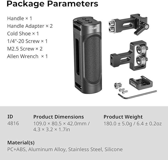 SmallRig Mini Camera Side Handle with NATO and 1/4"-20 Screws Installation Options, for Left and Right Hand, with 1/4"-20 Threaded Holes, Wrist Strap Holes, Cold Shoe, Up and Down Adjustable