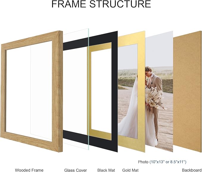 10x13 Picture Frame Set of 4, Made of Real Glass and Natural Oak Frame, 10 by 13 Photo for Wall or Tabletop - Display Picture 8.5x10 with Mat or 10x13 Without Mat