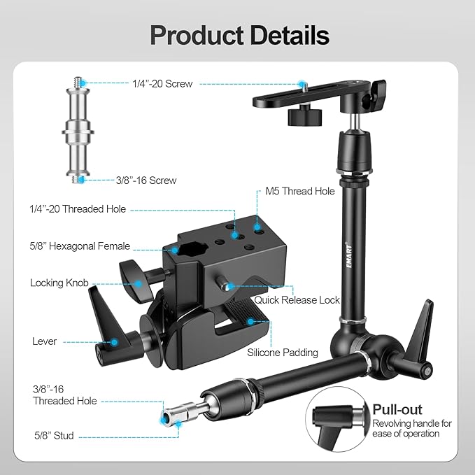 EMART 20" Heavy Duty Magic Arm Camera Mount with Super Clamp and Platform, Camera Mounts & Clamps with 360° Dual Ball Head, 1/4" & 3/8" Screw and 5/8" Stud Adapter for Flash/LED Light, Monitor,Softbox