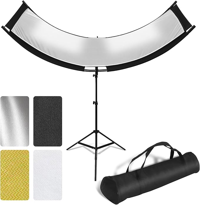 Clamshell Light Reflector Diffuser with Stand and Carrying Bag, 70"x24"/180x60cm Arclight Curved Lighting Reflector for Photo Studio Photography with White/Gold/Silver/Black Colors by MCCKLE