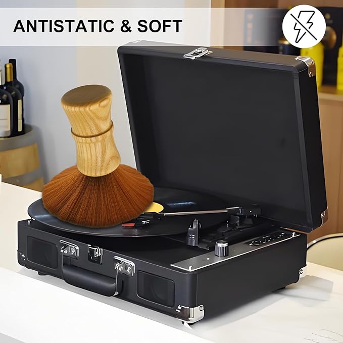 Vinyl Record Cleaning Brush Anti-Static Bristles Soft Wood Handle Brush for LP Turntable Dust Removal, Phonograph Needle, CD