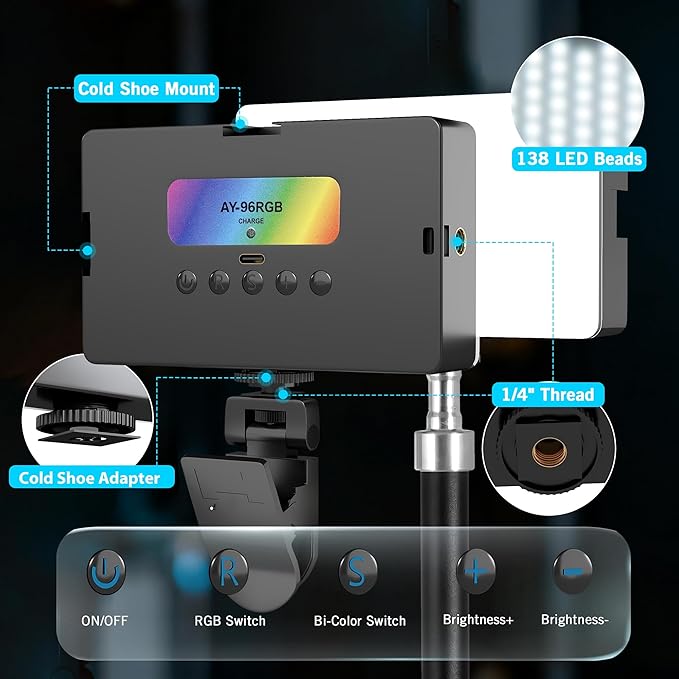 NiceVeedi RGB Selfie Light, 138 LED Beads Phone Light, 360° Full Color Camera Light with Clip and Cold Shoe, CRI95+/180 Minutes Rechargeable Video Light for Video Recording/iPhone/TikTok/Makeup/Zoom
