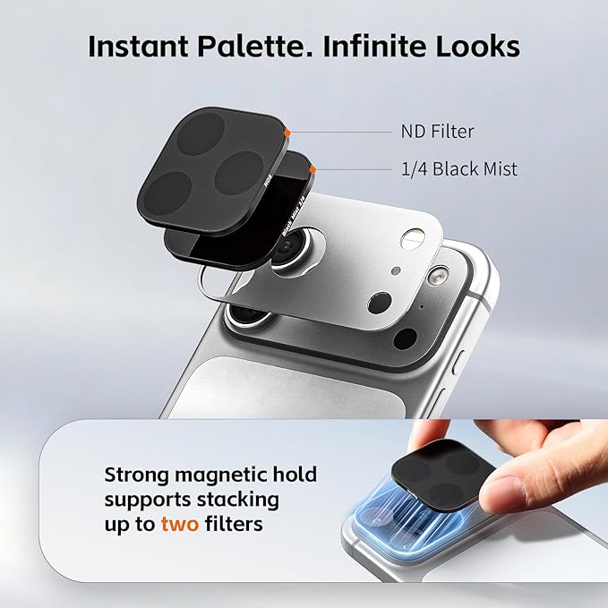 SmallRig Square ND & Black Mist Filter Kit for iPhone 17 Pro Max, Magnetic Lens Filters with Base Mount, Black Mist Diffusion 1/4 Filter/ND2/ND4/ ND8/ND16/ND32, 6 Pack, Silver - 6077