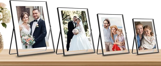 Black 4x6'' Floating Picture Frame Set of 2,For Photo Sizes (2x3'',3.5x5''),Beautiful Metal Beaded Edge Frames Adjustable Tabletop/Shelf Photo Frame,Classy Gift Choice for Wedding