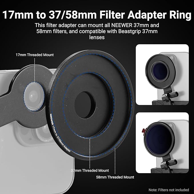 NEEWER Phone Holder with 17mm Phone Adapter & 17–37/58mm Filter Ring, Universal Adjustable Phone Tripod Mount Accessories Compatible with iPhone 17 Pro Max 16 S25 Ultra, PA047 PRO