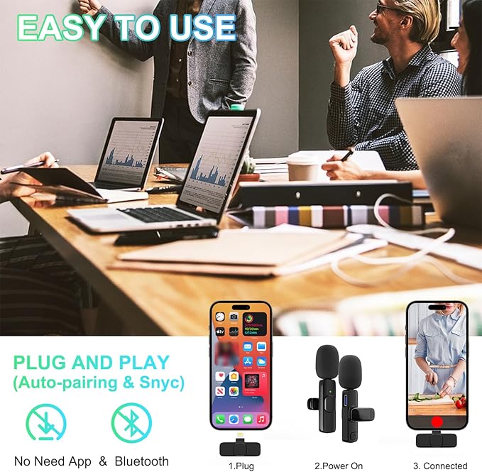 2 Pack Wireless Lavalier Microphone for iPhone, Professional Lapel Mics, Wireless Mic Plug-Play, Lapel Microphone for Video Recording Interview Vlog YouTube TikTok(for iPhone 14 and Below)