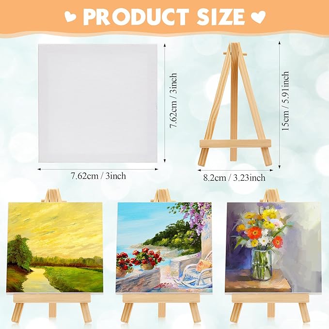 Mimorou 150 Pack 3 x 3 Inch Mini Canvases with Easel Sets for Painting Small Art Stretched Canvases Panels Pack for Kids Classroom Crafts Valentine's Day Painting Gift Easter Crafts