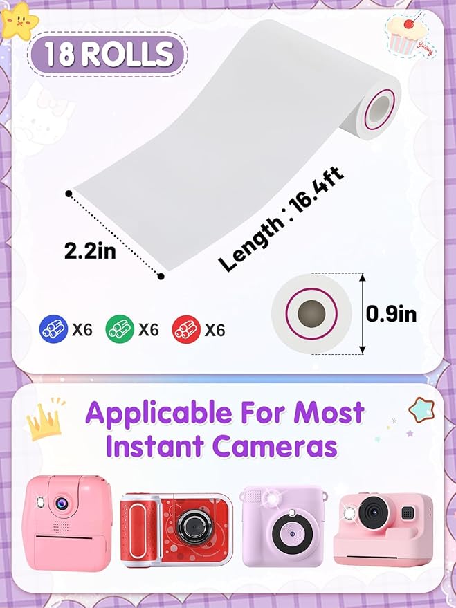White-Based 3 Colors Thermal Paper for Kids Camera Instant Print - HD Photo Printer Paper for Kids Aged 4 5 6 7 8 9 10 Boys Girls Birthday Gifts (18 Rolls)