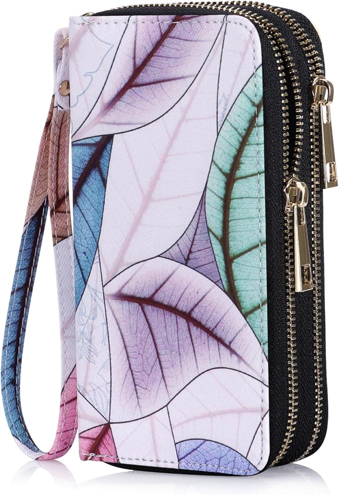 Cellphone Wallet for Women Dual Zipper Long Purse with Removable Wristlet