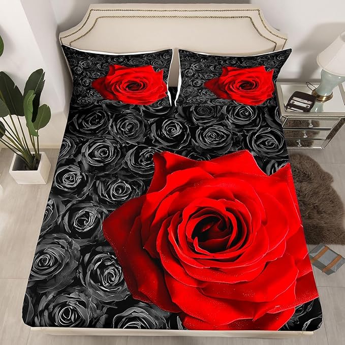 Erosebridal Red and Black Rose Sheet Sets Full - Valentine's Day Bedding for Women Girls, Love Romantic Moment Print Fitted Sheet, Blossom Flowers Bed Sheet 4 Pcs With 2 Pillowcases