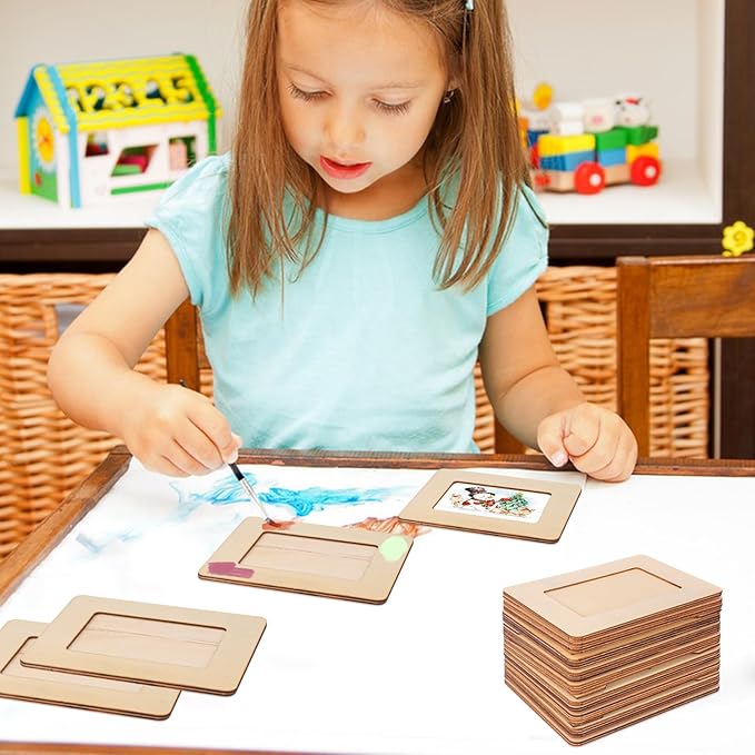 kukmakri 35 PCS Unfinished Wooden Picture Frames Set with 3.54 x 5.12 inch Photos, Wooden Frames for Crafts, Standing Postcard & Photos Picture Frame Set-Suitable for Crafts DIY, Souvenir Decoration