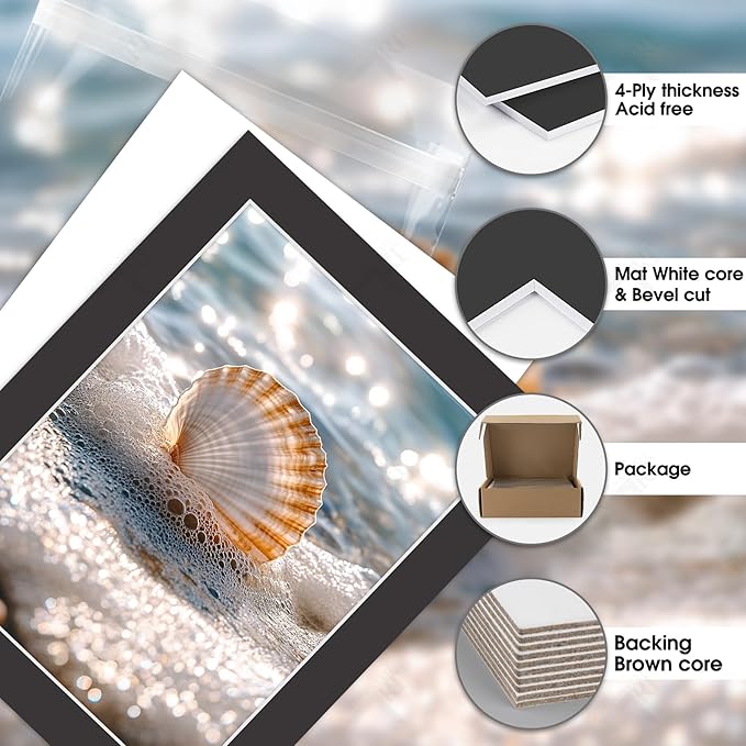 Golden State Art, Acid Free, Pack of 25 11x14 Black Picture Mats Mattes with White Core Bevel Cut for 9x12 Photo + Backing + Bags