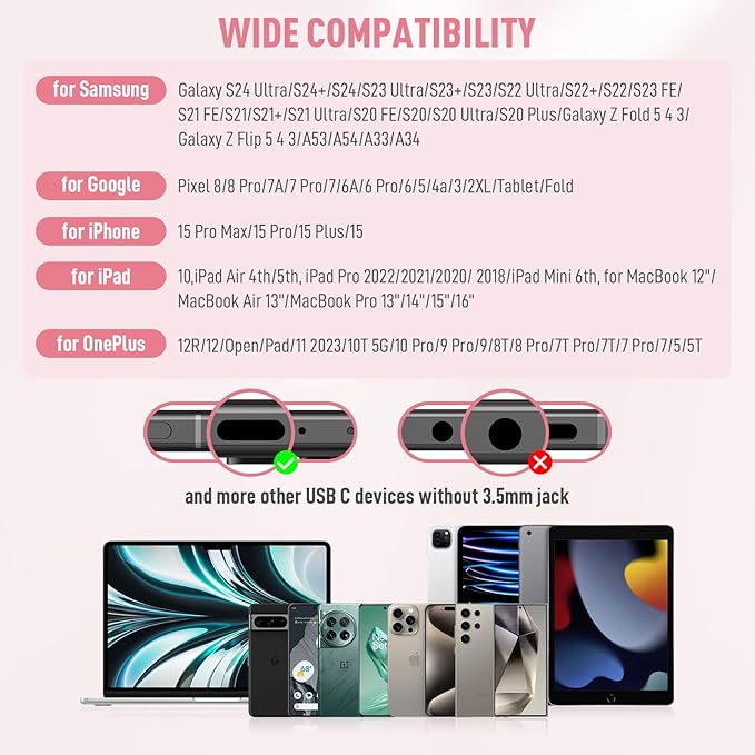 USB C Headphone for iPhone 17 Air 16 15 Pro Max Plus/iPad, Type C Earphone with Mic HiFi Stereo Magnet Cute USBC Wired Earbud for Samsung Galaxy S26 S25 S24 Ultra A35 S23 Fe S22+ A17/Pixel 10 9, Pink
