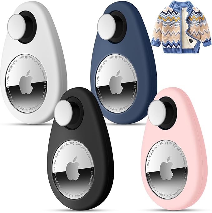 4 Pack Airtag Holder for Kids Hidden,GPS Tracker Case, Anti-Removal Airtag Silicone Case with Pins, Suitable for Children, Elderly, Pets, Backpack, Luggage (White & Black & Navy Blue & Pink, 4 Pack)