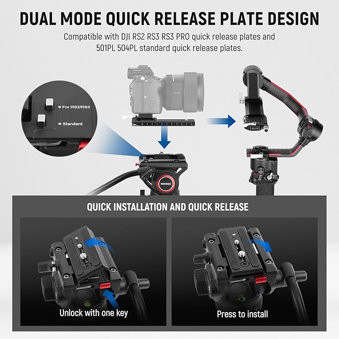 NEEWER 74" Video Tripod with Fluid Head & Damping Control, Aluminum Heavy Duty Camera Stand Professional with QR Plate for DSLR Camcorders for Video Recording, Cleaning Cloth, Max Load 17.6 lbs, TP74
