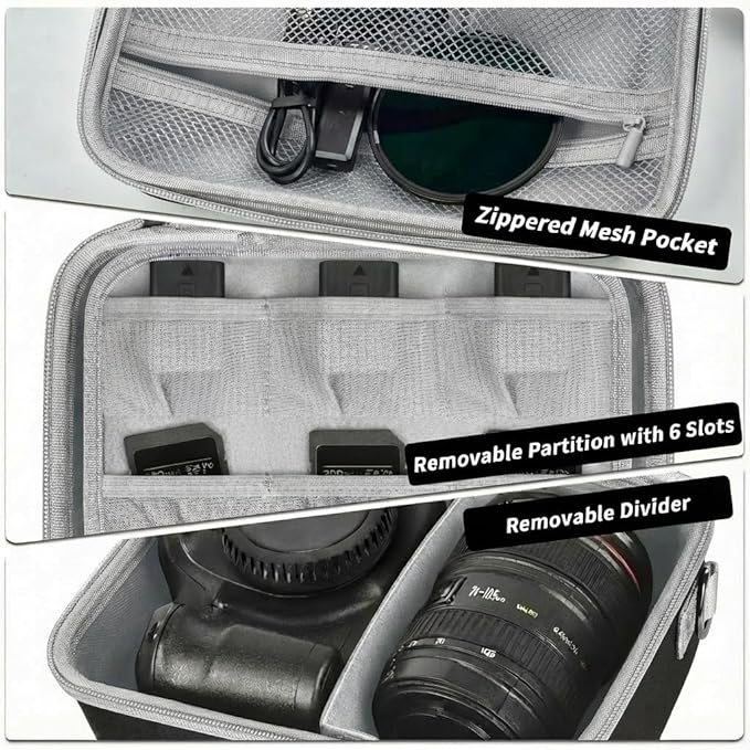Comecase Hard Camera Case for Canon EOS Rebel T7 R50 R100 R10 R5 R6 R8 Mark II, DSLR Mirrorless Camera Bag with 6 Slots &Adjustable Divider for Lens and Accessories, Travel Storage, Jet Black