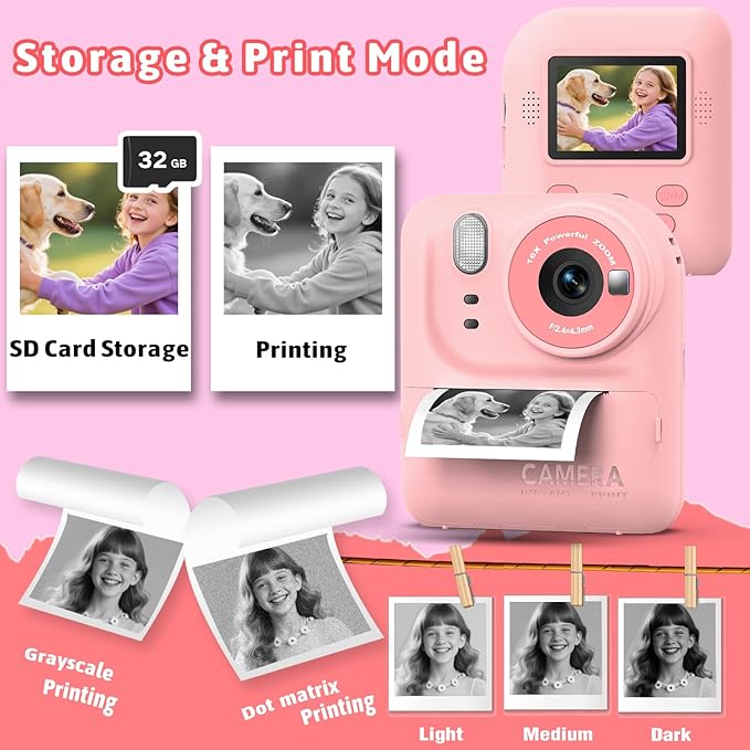 Okaloka Kids Instant Print Camera Toys,1080P HD Toddler Digital Video Camera,Christmas Birthday Gifts for Girls Boys Age 3-12 Year Old - 32G SD Card Included (Pink)
