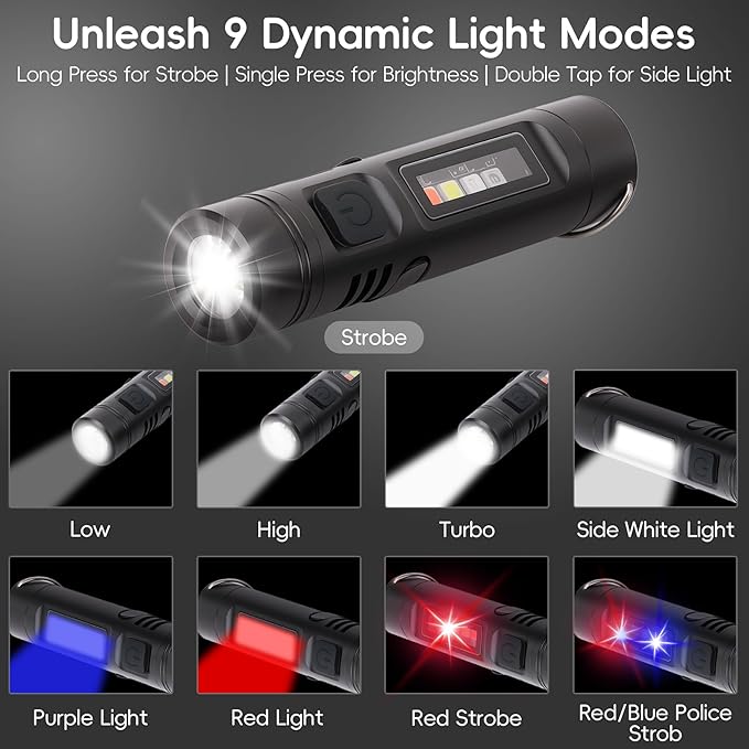 2 Packs Pocket Rechargeable EDC Flashlight, Mini Keychain Light with Magnetic Base and Side Clip, 500 Lumens Rechargeable Keychain Torch with 9 Modes for Camping, Travel (Black & Silver)