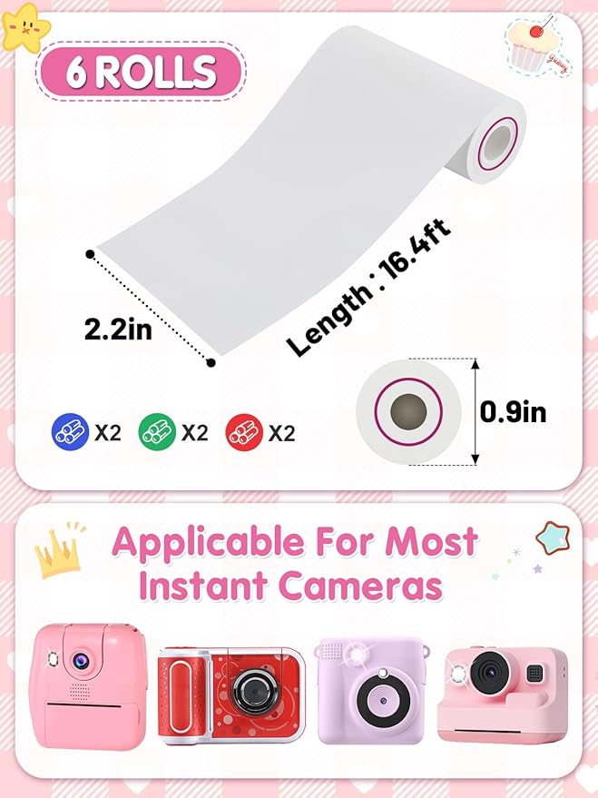 3-Color Kids Camera Paper Roll Refill - Compatible with Most Instant Print Camera, HD Photo Printer Paper for Kids Aged 4 5 6 7 8 9 10 Boys Girls Birthday Gifts (6 Rolls)