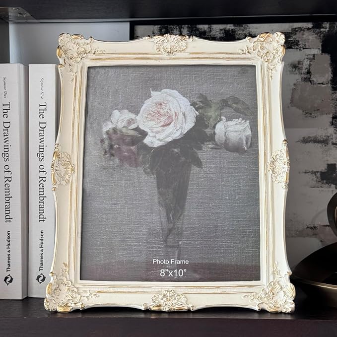 CISOO 8x10 Vintage Picture Frame, Antique Ornate White with Gold Photo Frame, for Table Top and Wall Display, Decorative Floral Design Retro Home Decor, Photo Gallery Art