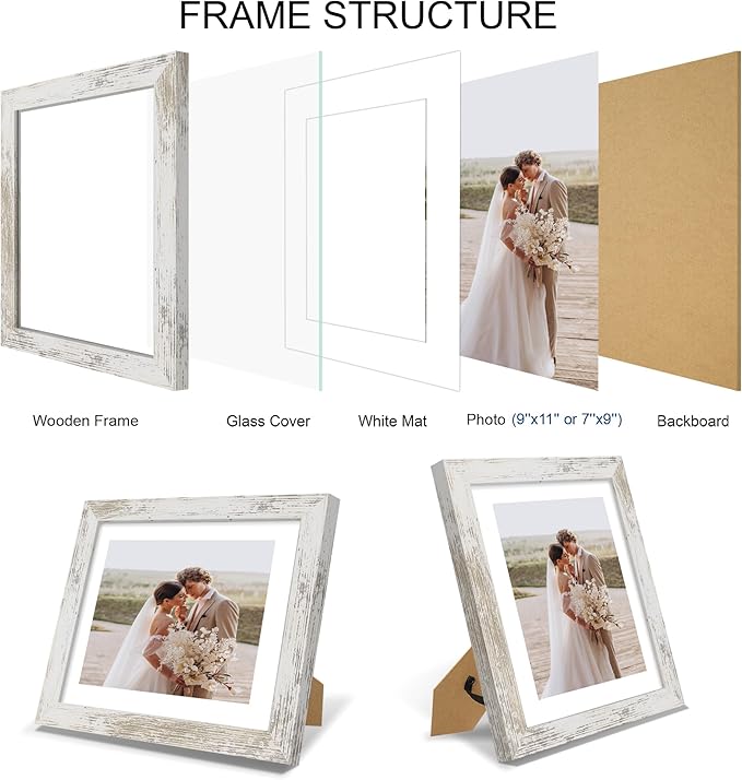 9x11 Picture Frame Set of 4, Made of Real Glass and Distressed White Frame - Display Picture 7x9 with Mat or 9x11 Without Mat, 9 by 11 Photo for Wall or Tabletop