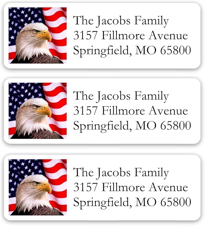 Return Address Labels American USA Flag & Eagle - Custom Mailing Return Address Labels/Stickers for Envelopes, Easy Peel and Stick, Permanent Rectangle Labels (White) Made in The USA (Set of 60)