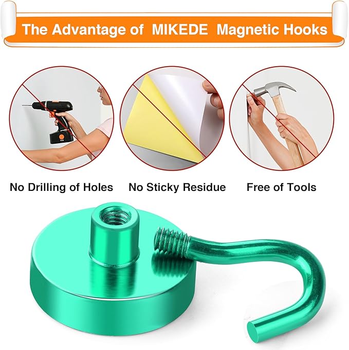 MIKEDE Magnetic Hooks Heavy Duty, 85LB Strong Magnet with Hook for Fridge, Super Neodymium Extra Strength Industrial Hooks for Hanging, Magnetic Hanger for Toolbox, Cruise, Grill(Green,4 Pack)