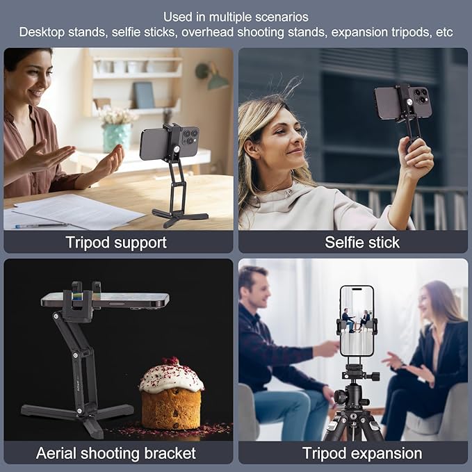 Phone Tripod Mount with Cold Shoes, Metal Smartphone Adapter Compatible with iPhone, Multi Angle Tri Fold Cell Phone Holder, Handheld Grip for Streaming Vlog CP-15