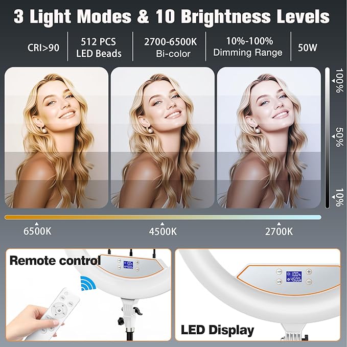 Ring Light 22inch Kit: Ring Light Tripod for iPhone ipad,with 75" Tripod/LCD Display/4 Phone Tablet Clips/2 USB Ports,LED RingLight for Barber Makeup Tattoo TikTok Video Recording Vlog (White)