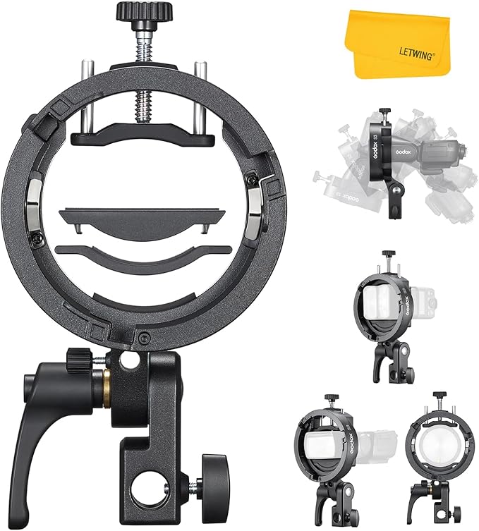 Godox S3 Speedlite Bracket, S-Type Bracket Updated Version Bowens Mount Holder for Godox V1 V1Pro V100 AD300Pro AD300ProII AD200ProII AD200Pro AD200 V860II V860III TT350, Support ±90° Angle Adjustment