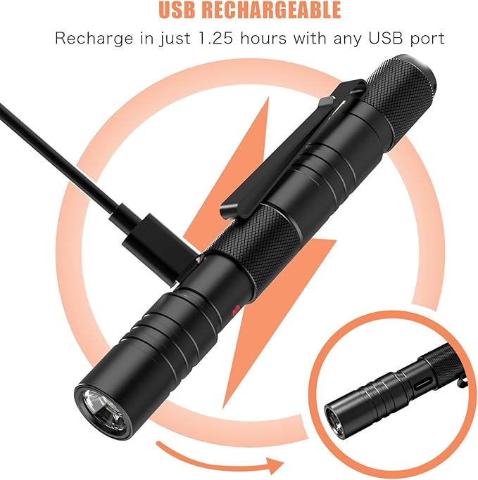 Rechargeable Pen Light Flashlight, Zoomable LED Penlight Flashlight 3 Modes, 350 Lumens Pocket Size Clip Flash Light Small Mini Handheld Slim Pen Light for Nurse, Inspection, Repair, Emergency