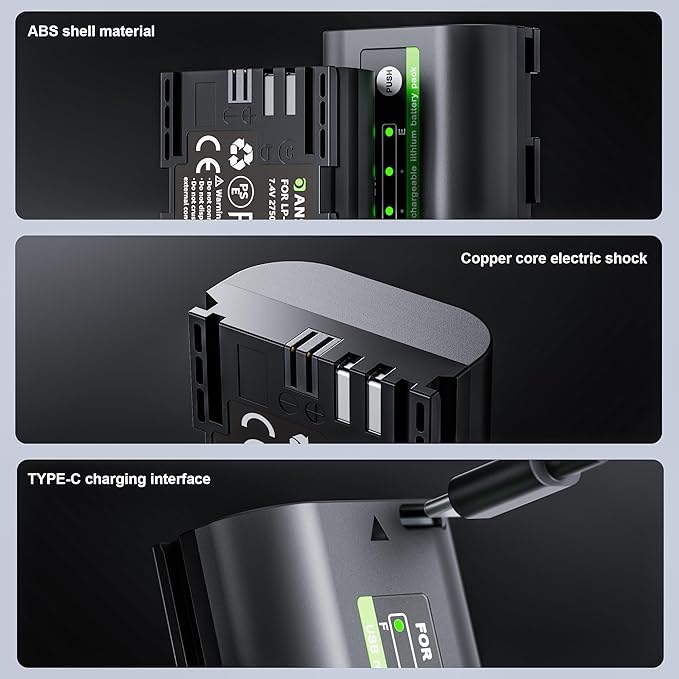 3 Pack LP-E6N LP E6 Battery Replacement with USB Charging, 2750mAh x3 Type-C Charging Rechargeable Camera Battery for Canon EOS 5DS R5 R6 R7 6D 7D Mark II III IV 60D 70 80D 90D XC10 XC15