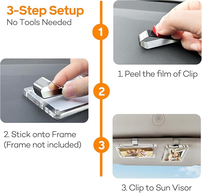 3-Pack Stainless Steel Clips with 3M Adhesive – DIY Sun Visor Mounting Kit for Photo Frames (Not Included) – Strong Hold Car Visor Accessory for Custom Displays, Home & Office Use