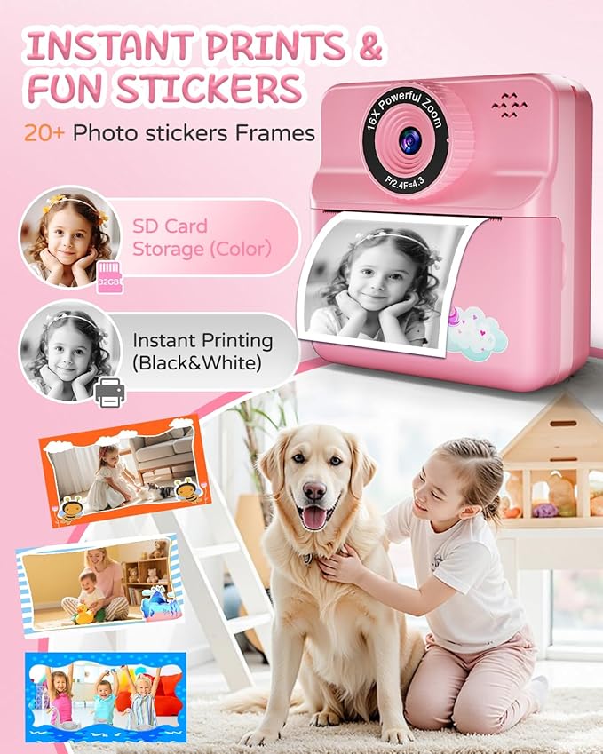 Instant Print Camera for Kids, Digital Selfie Cameras with Carry Case & 5-Color Paper, Portable Toddler Toy Christmas Birthday Gifts for 3 4 5 6 7 8 9 10 11 12 Year Old Girls - Pink