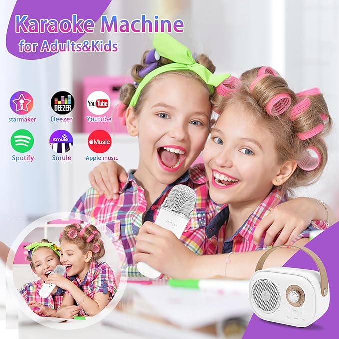 Mini Karaoke Machine for Kids,Portable Bluetooth Speaker with 2 Wireless Microphone,Toys for Girls Boys Gifts,Retro Speaker Set Stereo Sound Enhanced Bass for Home Party Birthday (White)