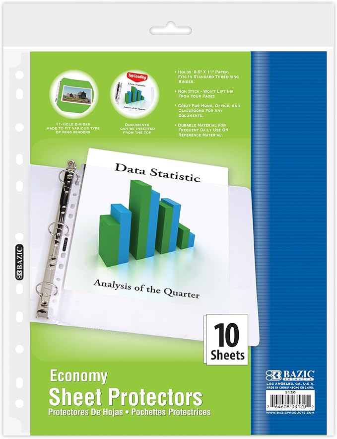BAZIC Products Sheet Protectors Economy, Fit 8.5x11 Inch Paper, 11 Hole Clear Plastic Sleeves Ring Binder Sheets, Archival Safe (10/Pack), 48-Packs